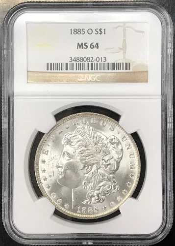 1885 O モーガン シルバーダラー NGC MS64、下部の刻印とMMの大幅な回転率の倍増