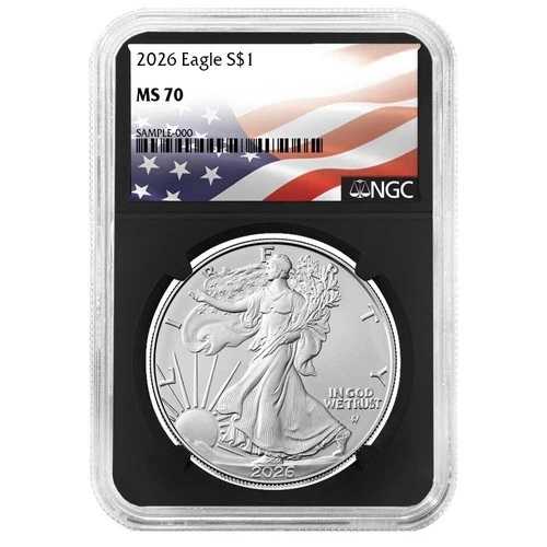プレセール - 2026年 $1 アメリカン シルバー イーグル NGC MS70 フラッグ ラベル レトロ コア