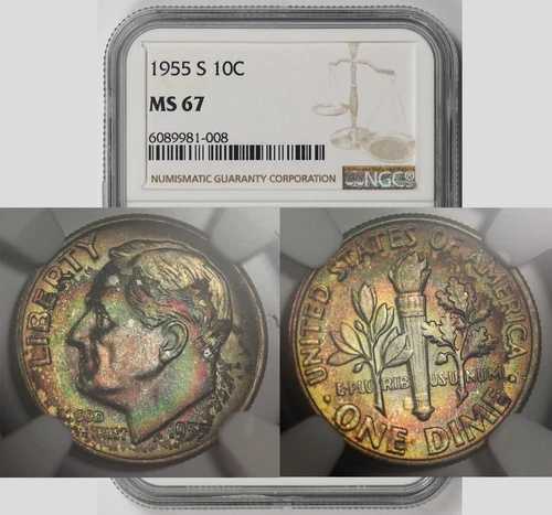 1955-S ルーズベルト ダイム シルバー 10C MS 67 NGC カラートーン