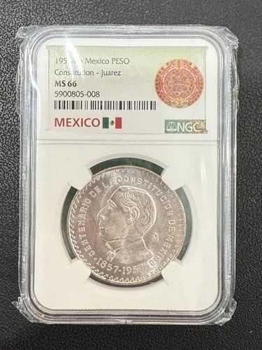 1957年 メキシコ シルバー 5ペソ S5P 憲法100周年記念 NGC MS 66 ジェム BU