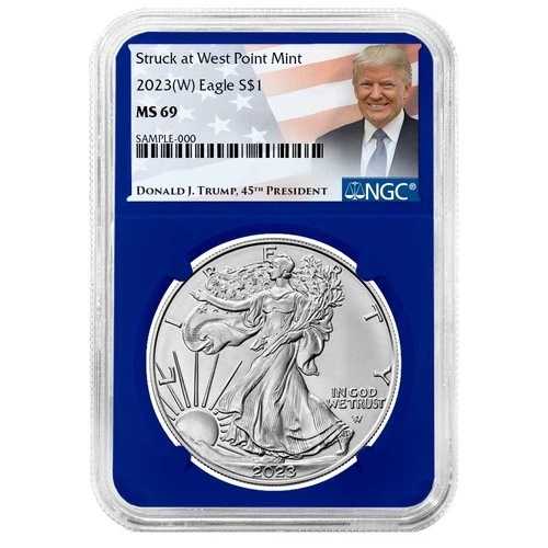 2023年 (W) 1ドル アメリカン シルバー イーグル NGC MS69 トランプ ラベル ブルーコア