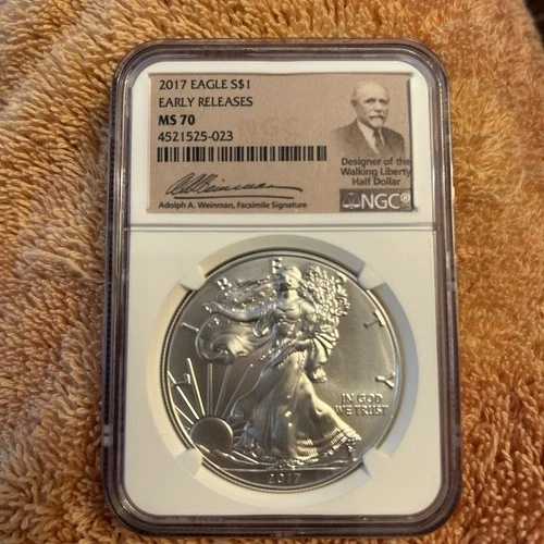 2017年 アメリカン・シルバー・イーグル アーリーリリース NGC 70 アドルフ・A・ワインマン直筆サインラベル