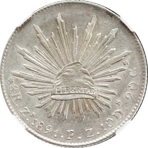 メキシコ 8レアル Zs 1891 F.Z. サカテカス、NGC AU 詳細、クリーニング済み。KM# 377.13 46,200円