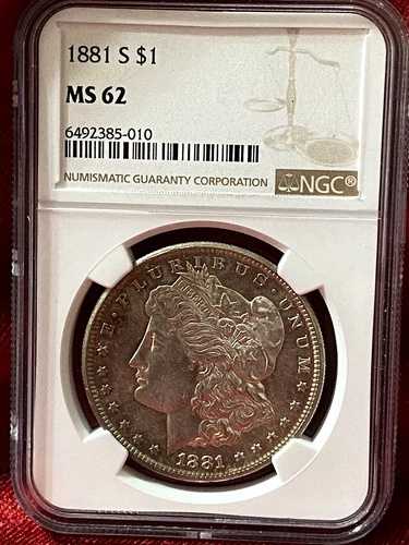 1881-S モルガン銀貨 レインボートーン NCG MS62 (MD25)