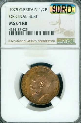 1925年 イギリス ペニー NGC MS64 RB MAC 90RD 。