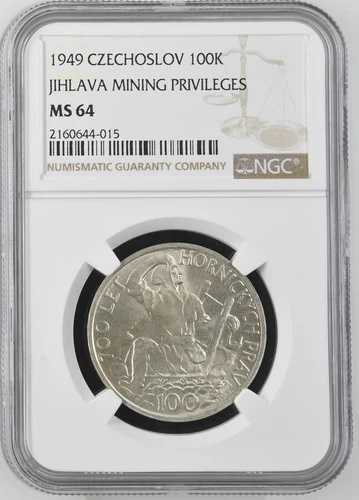 1949 チェコスロバキア 100 Korun Jihlava Mining Privileges シルバー NGC MS64 KM#29