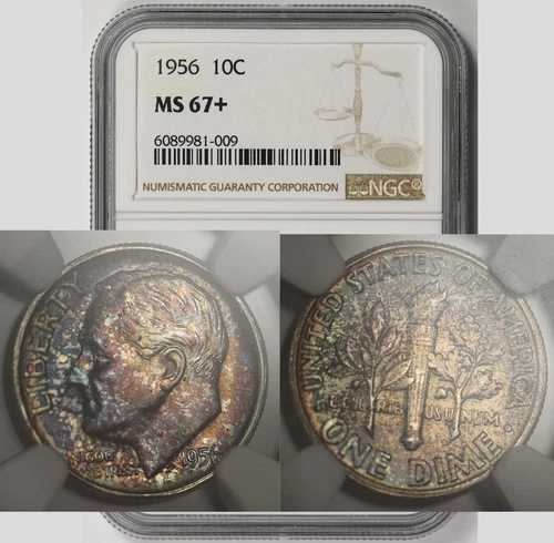 1956年 ルーズベルト ダイム シルバー 10C MS 67+ プラス NGC カラートーン