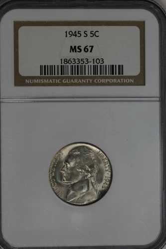 1945-S NGC MS67 ジェファーソン銀貨 ニッケル 5セント