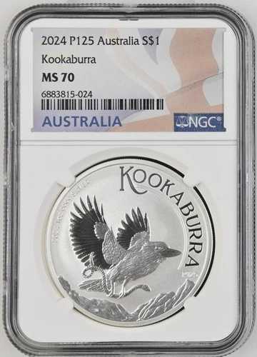 2024 P125 オーストラリアン シルバー $1 ワライカワセミ、NGC MS 70、フラッグ ラベル