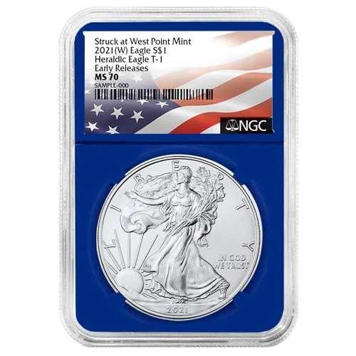 2021年 (W) $1 タイプ1 アメリカンシルバーイーグル NGC MS70 ER フラッグラベル ブルーコア｜WORLD RESOURCE【QUEEN店】