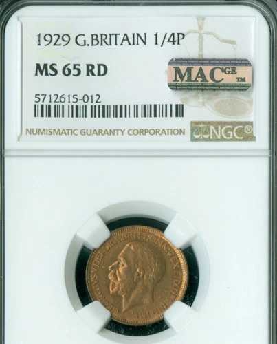 1929年 英国 ペニー NGC MS65 レッド PQ 2ND FINEST GRADED MAC SPOTLESS 。
