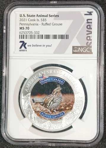 2021年 クック諸島 5ドル ペンシルベニア エリマキライチョウ コイン ? NGC MS70 ? 州動物