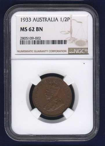 オーストラリア ジョージ5世 1933年 ハーフペニーコイン チョイス 未流通 NGC MS-62認定 46,200円