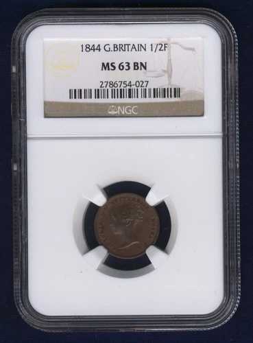 イギリス ヴィクトリア 1844年 1/2ファージング NGC MS63-BN 認定 未流通