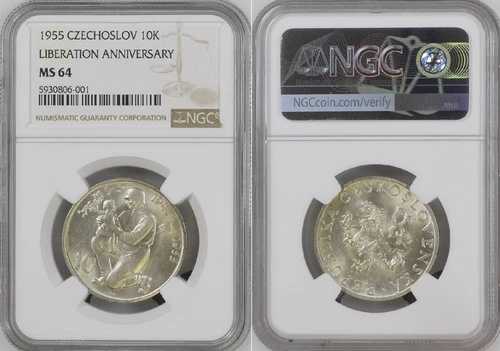 1955 年 チェコスロバキア 10 コルナ 解放 10 周年記念 - NGC MS64 TOP POP!