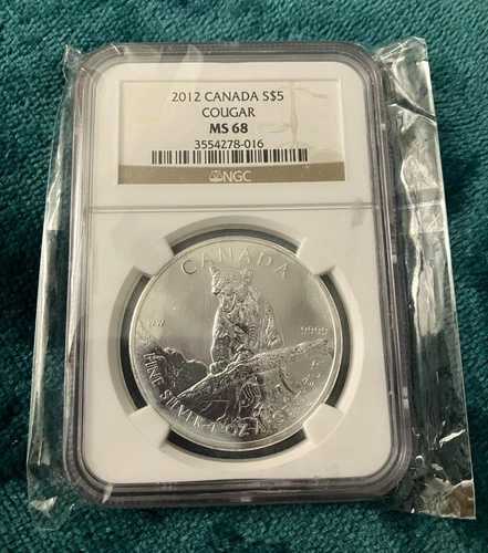 2012年 カナダ シルバー 5ドル クーガーコイン 1オンス .999 純銀 NGC スラブ MS68