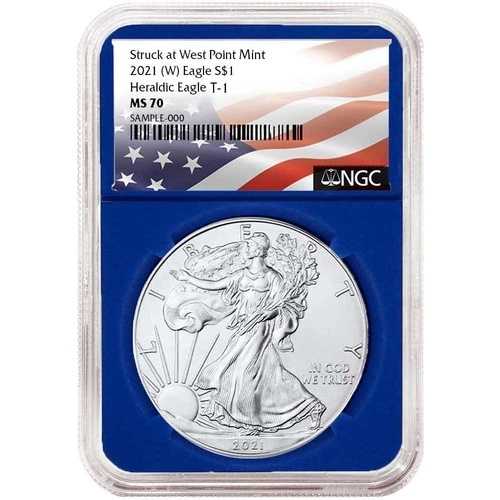 2021年 (W) $1 1オンス T-1 アメリカンシルバーイーグル NGC MS70 フラッグラベル ブルーコア