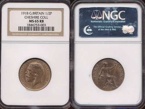 1918年 ジョージ5世 - ハーフペニー（1/2ハーフペニー）...NGC MS65 RB....トップポップ