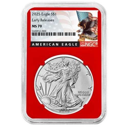 2025年 1ドル アメリカン シルバー イーグル NGC MS70 ER ブラックラベル レッドコア