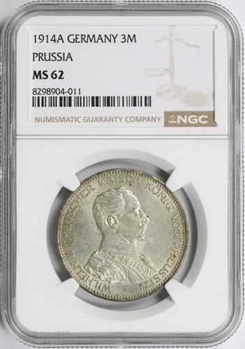 1914-A ドイツ プロイセン 銀貨 3マーク NGC MS62|WORLD RESOURCE【QUEEN店】