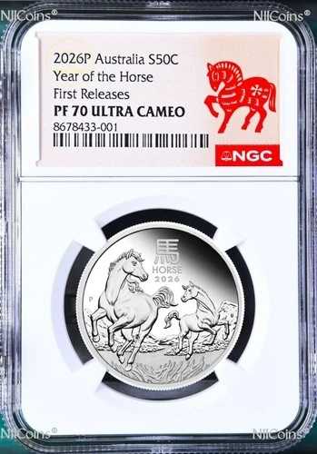 2026年 オーストラリア プルーフ シルバー 旧暦 午年 NGC PF70 1/2オンス ハーフドルコイン F