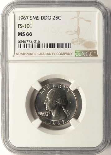 1967年 SMS DDO 25セント ワシントン クォーター FS-101 NGC MS66