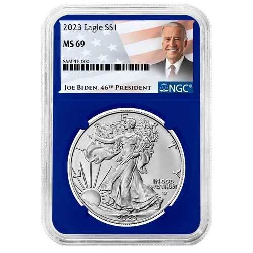 2023年 1ドル 1オンス アメリカンシルバーイーグル NGC MS69 バイデンラベル ブルーコア