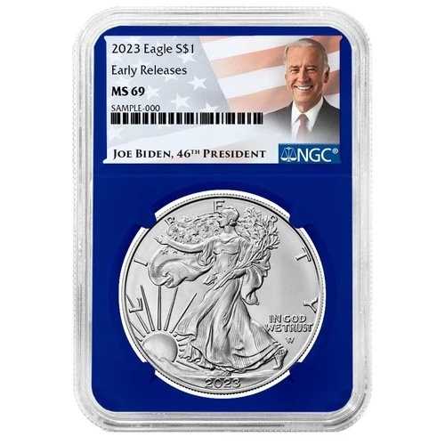 2023年 1ドル 1オンス アメリカンシルバーイーグル NGC MS69 ER バイデンラベル ブルーコア