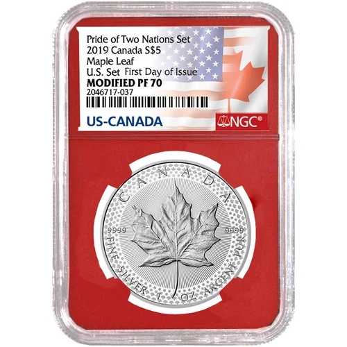 2019年 修正プルーフ 5ドル銀貨 カナダ産メープルリーフ NGC PF70 プライド・オブ・ツー・ネイションズ