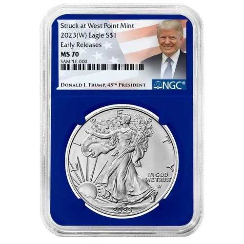 2023年 (W) 1ドル アメリカン シルバー イーグル NGC MS70 ER トランプ ラベル ブルーコア|WORLD RESOURCE【QUEEN店】