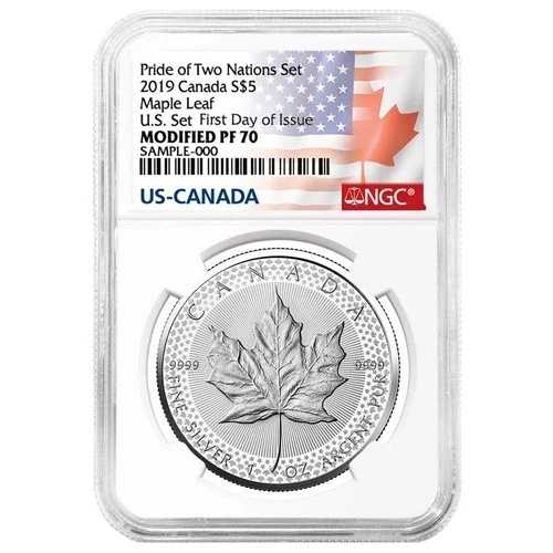2019年 修正プルーフ 5ドル銀貨 カナダ産メープルリーフ NGC PF70UC FDI旗ラベル
