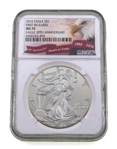 2016 S$1 シルバー アメリカン イーグル、NGC により MS70 と評価、第 30 回目発売。
