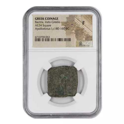 紀元前180-160年頃 バクトリア、インド・ギリシア人 AE24 スクエア、アポロドトス I NGC 古代人 F|WORLD RESOURCE【QUEEN店】