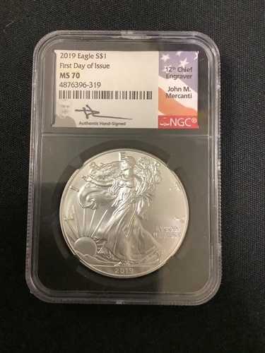 2019-W 1 オンス シルバー イーグル NGC MS70 FDOI Mercanti *** レア MERCANTI サイン入りラベル ***