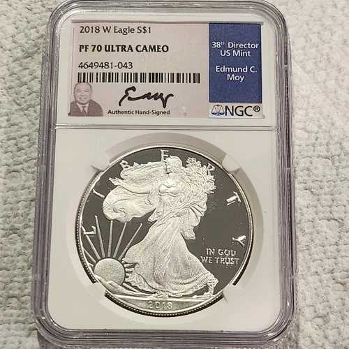 2018 W $1 NGC PF70 ウルトラカメオ プルーフ シルバー イーグル エドマンド C モイ 直筆サイン入り｜WORLD RESOURCE【QUEEN店】
