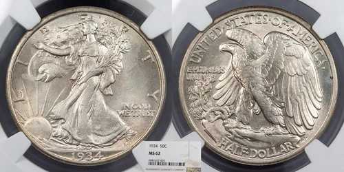 1934年 ウォーキング・リバティ 50セント（ハーフドル） NGC MS-62 #US103300