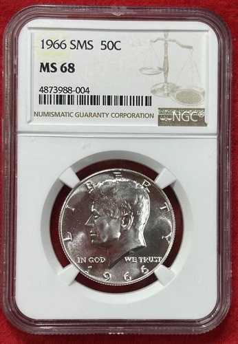 1966年ケネディ・ハーフダラーSMS 50C MS 68 NGC。素晴らしい高グレード。書籍価格320ドル