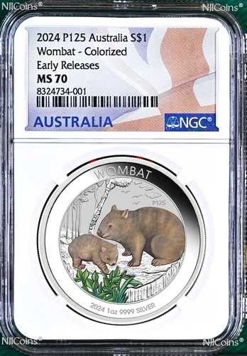 2024 P オーストラリア ウォンバット 1オンス シルバーカラーコイン NGC MS 70 $1 フラッグラベル ER
