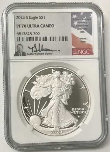 2023-S $1 1オンス .999 シルバーイーグル プルーフ サイン入り トーマス・ウラム NGC PF70 ウルトラカメオ