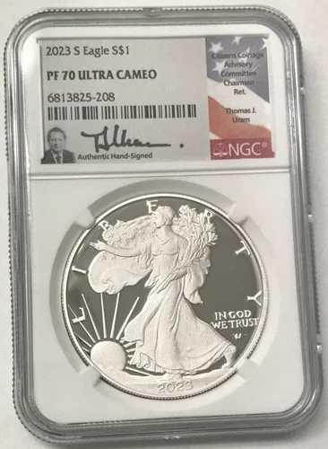 2023-S $1 1オンス .999 シルバーイーグル プルーフ サイン入り トーマス・ウラム NGC PF70 ウルトラカメオ