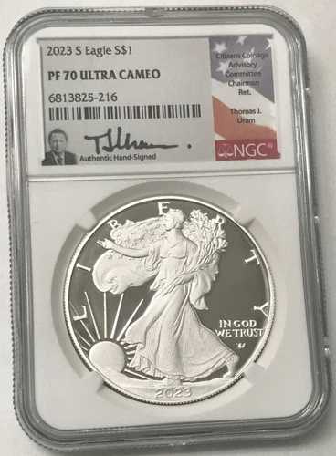 2023-S $1 1オンス .999 シルバーイーグル プルーフ サイン入り トーマス・ウラム NGC PF70 ウルトラカメオ