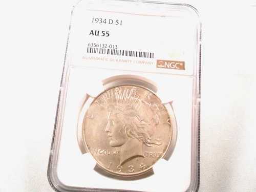 1934-D ピース銀貨、ブライトホワイト、NGC、AU 55、非常に良好。日付は不明。