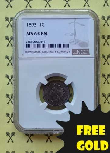 1893年インディアンヘッドセント NGC MS 63 わずか235点 グレードアップ、無料の1/2ゴールドバック付き*