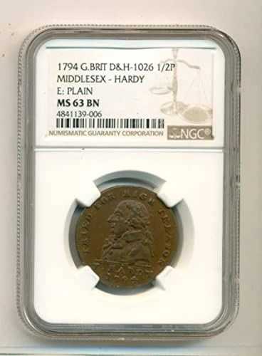 イギリス 1794年 1/2ペニー コンドル トークン ミドルセックス - ハーディ MS63 BN NGC