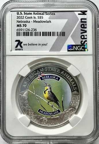 2022年 ネブラスカ州 - メドウラーク NGC MS70 アメリカの州の動物 1オンス 5ドル クック諸島