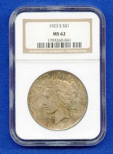 1923 S NGC MS62 ピース シルバー ダラー $1 米国造幣局 1923-S MS-62 日付のより良い色!
