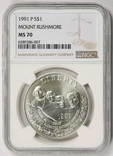 1991-P ラシュモア山現代記念銀貨 $1 MS 70 NGC