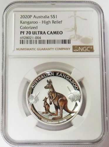 2020年 P シルバー オーストラリア 1ドル カンガルー ハイレリーフ 1オンス カラー NGC PF 70 UC