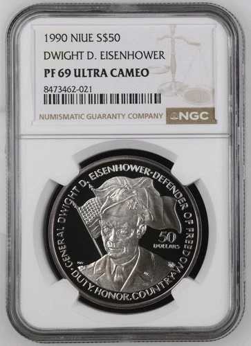 1990年 NIUE 50ドル アメリカ大統領ドワイト・アイゼンハワー銀貨 NGC PF 69 UC 48,840円