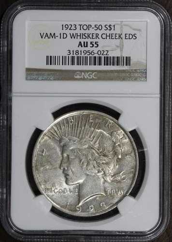 1923年 (AU55) ピースシルバードル 1ドル NGC - Vam 1-D ウィスカーチーク トップ50